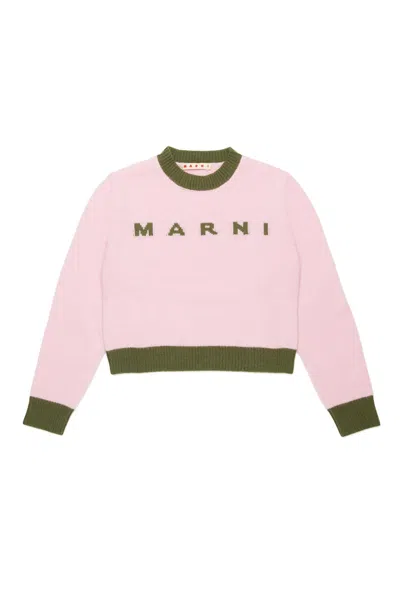 Marni Kids' Logo-intarsia Crew-neck Jumper In Pink