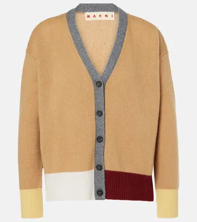 Marni Tan Color-block Cashmere Cardigan In Brown