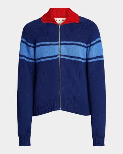 Marni Colorblocked Cotton Zip-front Cardigan In Blue