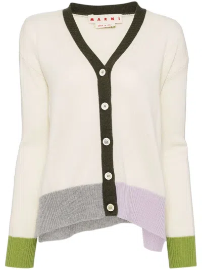 Marni Asymmetrical Length Cashmere Knit Cardigan In Neutrals