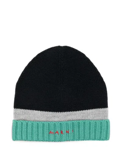 Marni Kids' Colour-block Embroidered Beanie Hat In Black
