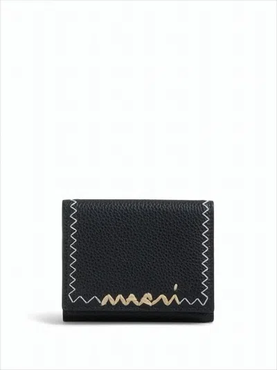 Marni Compact Black Cowhide Leather Wallet In White