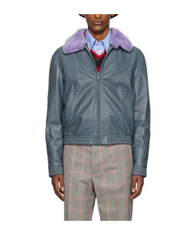 Marni Contrast-collar Leather Jacket In Gray