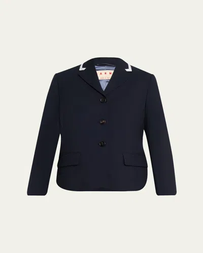 Marni Contrast Ribbed Lapel Single-breasted Blazer Jacket In Blue