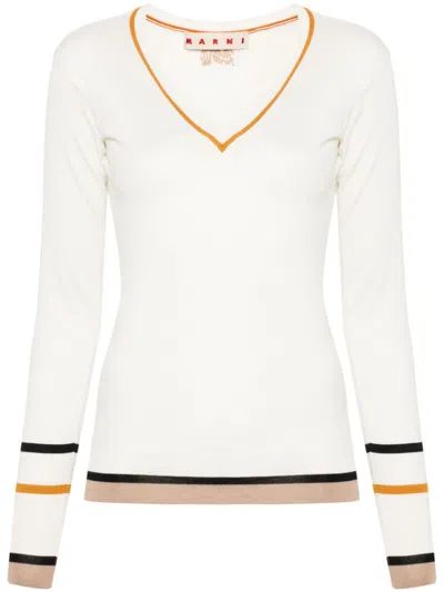 Marni Contrasting-trim V-neck Jumper In Neutrals