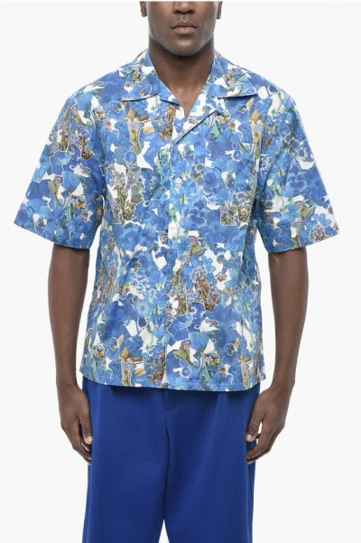 Marni Cotton Bowling Shirt With Floral Pattern In Blue
