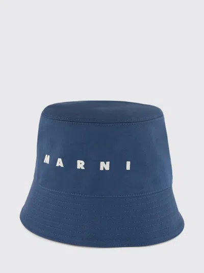 Marni Cotton Bucket Hat With Contrast Logo In Blue