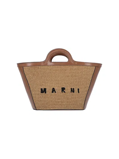 Marni Cotton Canvas Crossbody Bag With Calf Leather Trim And Brass Hardware In Sand