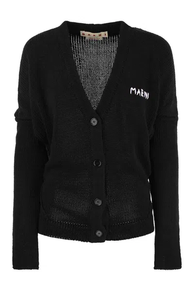 Marni Logo-embroidered Cotton Cardigan In Black