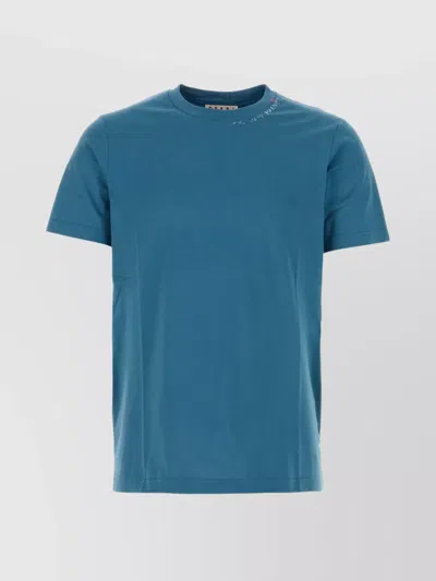 Marni Cotton Crew Neck T-shirt With Floral Print In Blue
