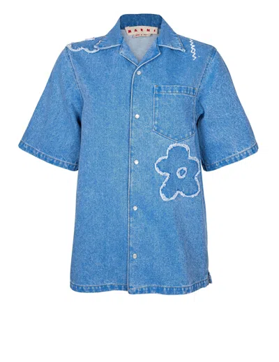 Marni Blue Patched Washed Cotton Denim Shirt