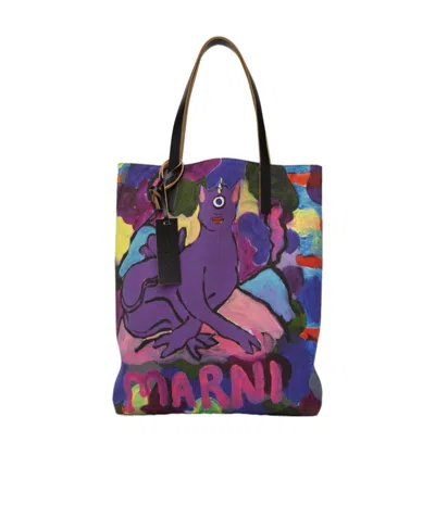 Marni Cotton Graphic-print Tote Bag In Multicolor