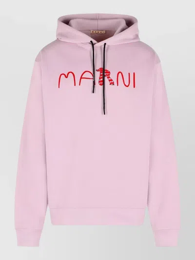 Marni Cotton Hooded Sweatshirt Drawstring Hood Ribbed Trims In Purple