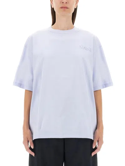Marni Cotton Knit T-shirt With Logo Detail In Blue