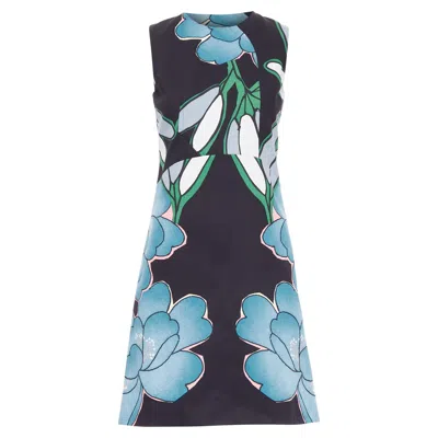 Marni Cotton Linen Large Flower Print Shift Dress In Blue