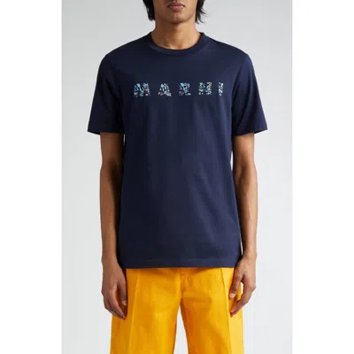 Marni Floral Logo Print Cotton Jersey T-shirt In Blue