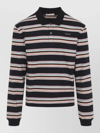 Marni Cotton Polo Shirt Long Sleeve Stripes In Black