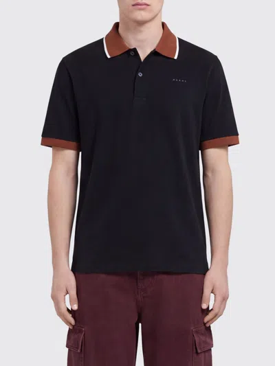 Marni Cotton Polo Shirt With Contrasting Trims And Striped Collar In Black