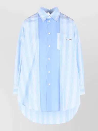 Marni Cotton Poplin Longline Striped Shirt Pocket In Blue