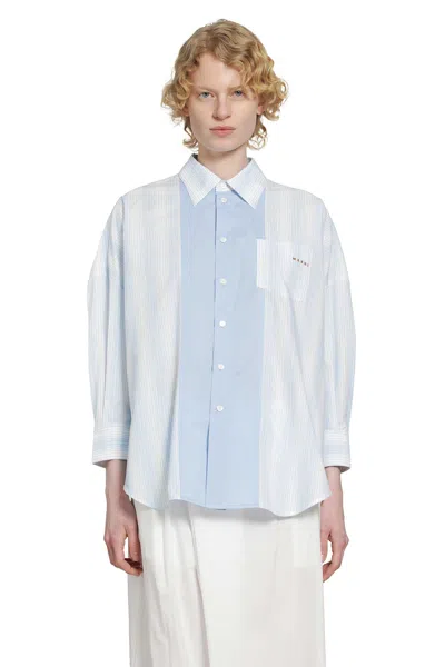 Marni Cotton Poplin Pinstriped Patchwork Shirt In Blue