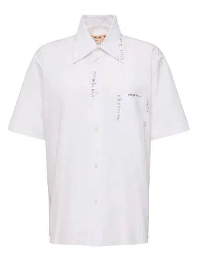 Marni Logo Cotton Poplin Short Sleeve Shirt In White