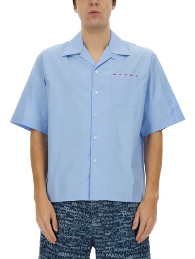 Marni Logo Cotton Poplin Boxy S/s Shirt In Blue