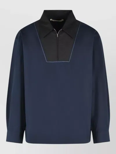 Marni Cotton Shirt Contrast Collar Zip Detail In Blue