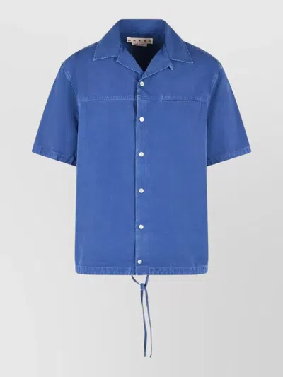 Marni Cotton Shirt Drawstring Hem Short Sleeves In Blue