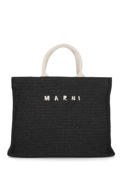 Marni Cotton Shopping Tote With Contrasting Handles And Embroidered Logo In Black