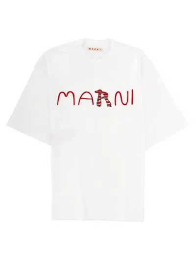 Marni Cotton T-shirt With Flocked Animal Alphabet Logo In White