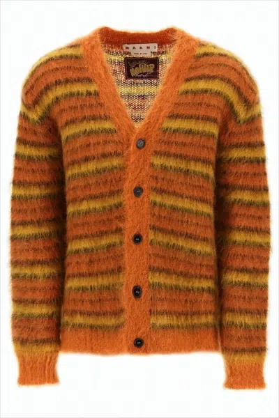 MARNI COZY V-NECK CARDIGAN WITH HORIZONTAL STRIPES IN WARM HUES