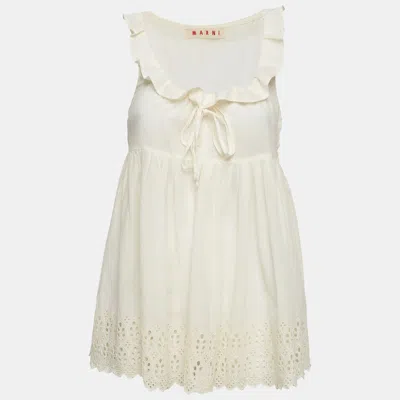Marni Cream Cotton Adjustable Ruffle Neck Mini Dress In White