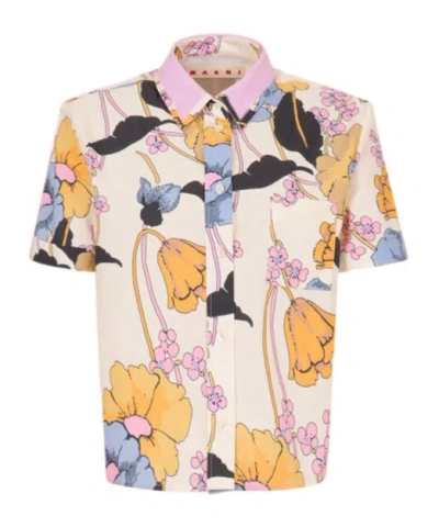 Marni Cream Poplin Cropped Shirt With Melodia Print In Multi