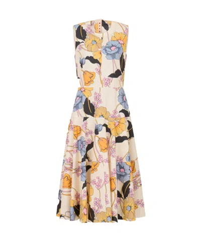 Marni Cream Poplin Midi Dress With Melodia Print In Neutral