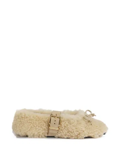 Marni Cream Shearling Ballerinas With Buckle In Neutral