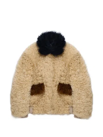Marni Cream Shearling-jacket With Colour-block Details In Brown