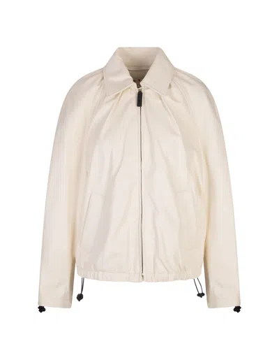 Marni Gathered Collar Leather Zip Jacket In Ivory