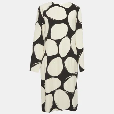 Pre-owned Marni Cream/black Printed Crepe Midi Dress M In White