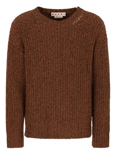 Marni Crew Neck Elbow-patch Sweater In Brown