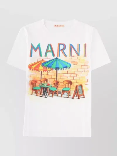 Marni Crew Neck Graphic Print Short Sleeve Top In White