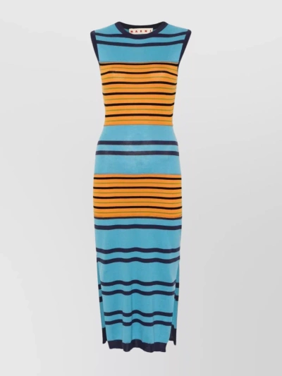 Marni Crew Neck Striped Midi Dress In Blue