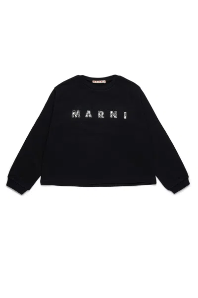 Marni Kids' Crew-neck Sweatshirt Branded In Rhinestones In Black