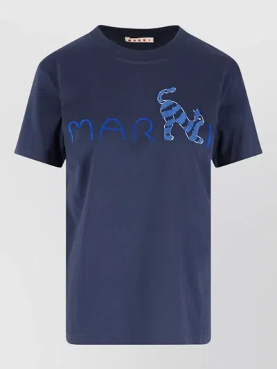 Marni Crew Neck Top Embroidered Design Short Sleeves In Blue