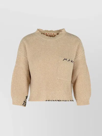 Marni Crew Neck Wool Sweater Embroidered In Brown