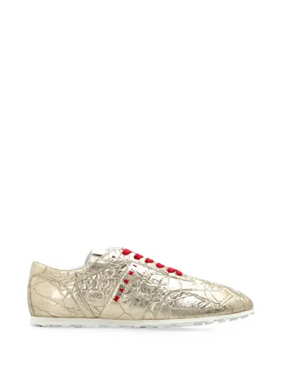 Marni Crinkled-finish Logo Sneakers In Gold