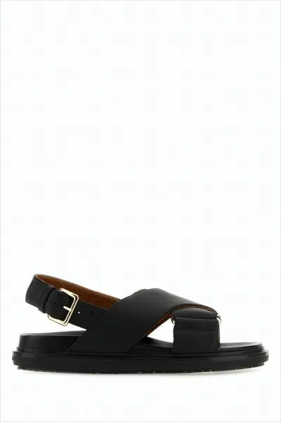 MARNI CRISSCROSS BLACK LEATHER SANDALS WITH GOLD-TONE BUCKLE