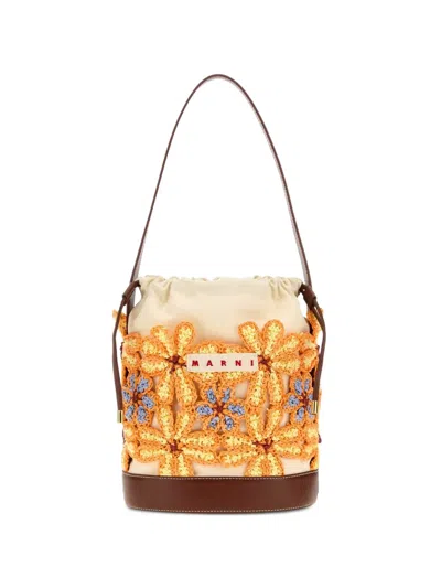 Marni Crochet-flower Bucket Bag In Brown