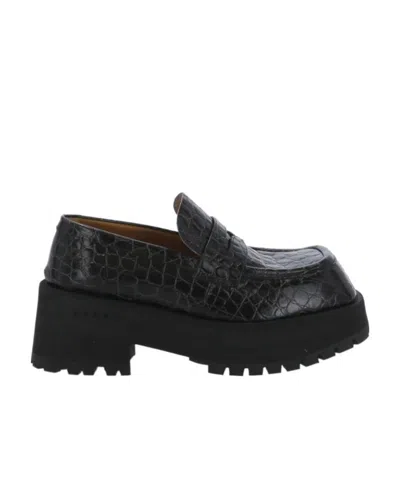 Marni Croco-embossed Brogue Shoes In Black