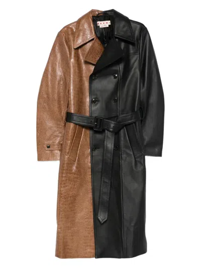 Marni Double-breasted Belted Two-tone Croc-effect Leather Coat In Black