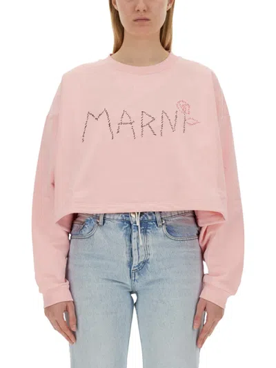 Marni Crop Sweatshirt With Logo In Pink